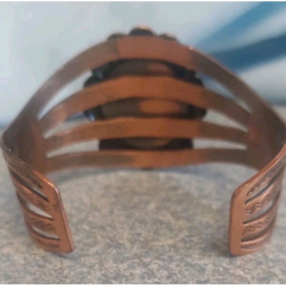 Vintage Bell Trading Post Solid Copper and Faux Turquoise Floral Cuff Bracelet - Picture 4 of 8